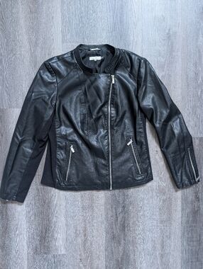 Calvin Klein Faux Leather Jacket XL Black Moto Zip Biker Style Womens